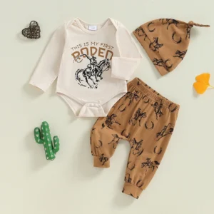 2024-05-30 Lioraitiin Baby Boys 3PCS Outfit Sets Long Sleeve Letter Print Romper Horse Print Pants Hat Sets