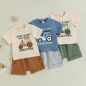 2024-12-31 Lioraitiin Toddler Boy Summer Outfits Tractor Letter Print Round Neck Short Sleeve Tops with Solid Shorts Outfit