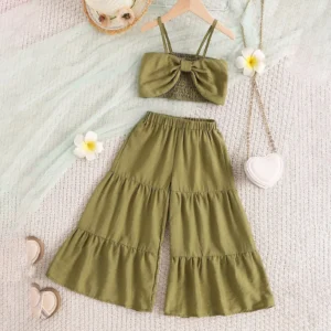 Children's Girls Summer Fashion Bow Sleveeless Tops Wide Leg Pants Solid Color 2PCS Boys Girls Sleeveless Kids Clothes for baby